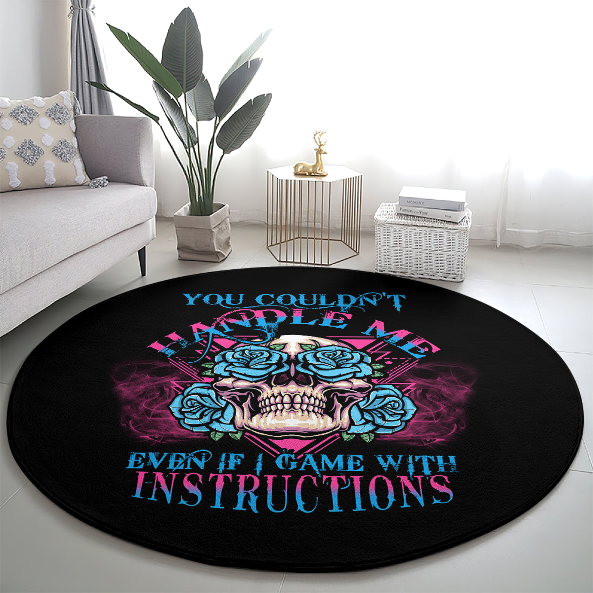Black round graphic carpet featuring blue skull with roses and 'GAME' text