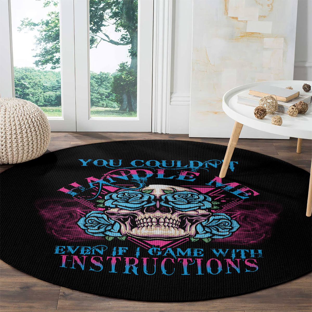 Black round carpet with blue skull, roses, and large 'INSTRUCTIONS' lettering