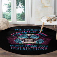 Black round carpet with blue skull, roses, and large 'INSTRUCTIONS' lettering