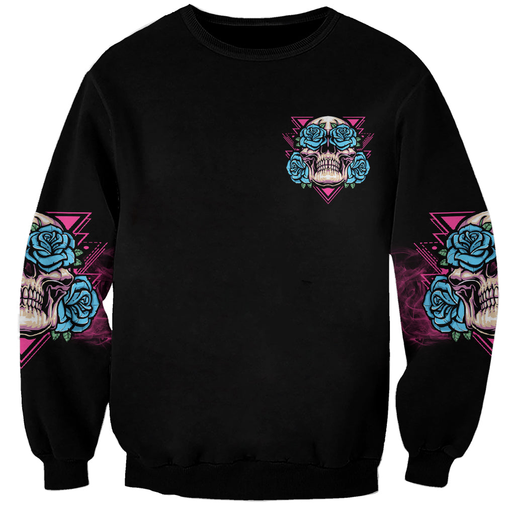 Black unisex sweatshirt with small chest skull-and-rose emblem and sleeve skull print