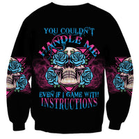 Black unisex sweatshirt with blue skull-and-rose graphic and slogan front print