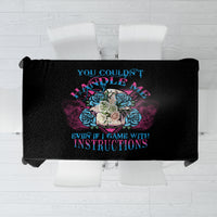 Black triangle tablecloth with multicolor skull and blue/pink text graphic