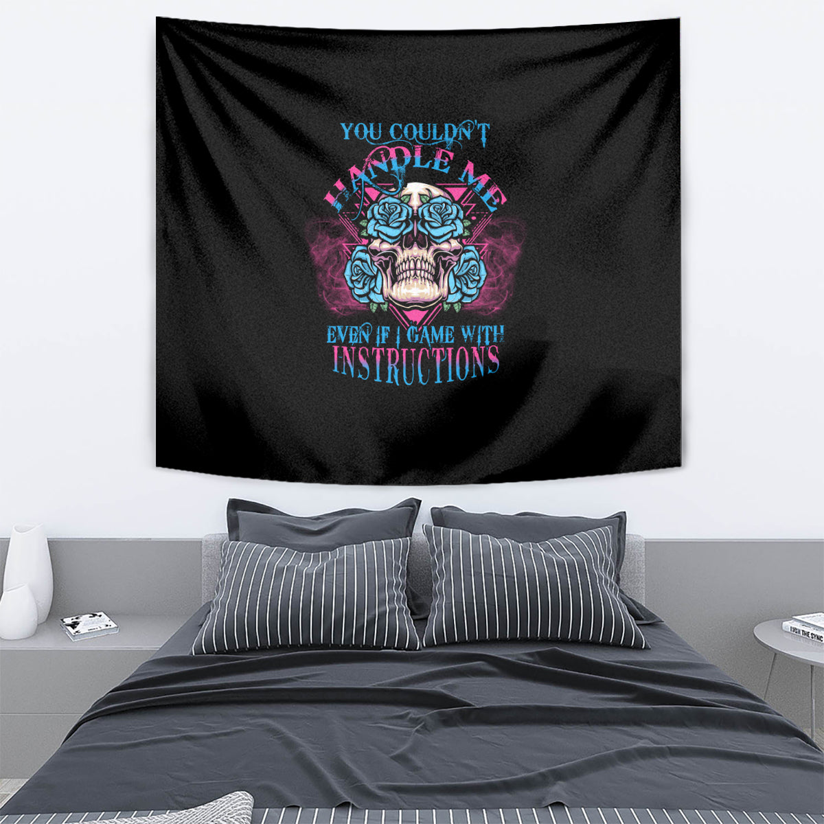 Black triangle skull tapestry with colorful roses and bold text design