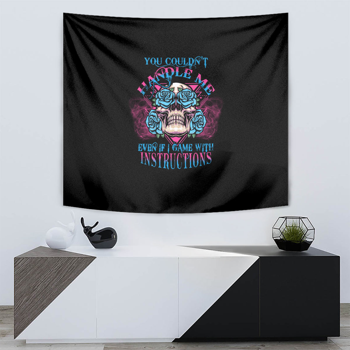 Black triangle skull tapestry with blue roses and multicolor lettering