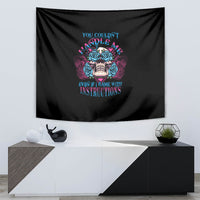 Black triangle skull tapestry with blue roses and multicolor lettering