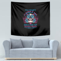 Black skull tapestry featuring blue rose crown and multicolor text