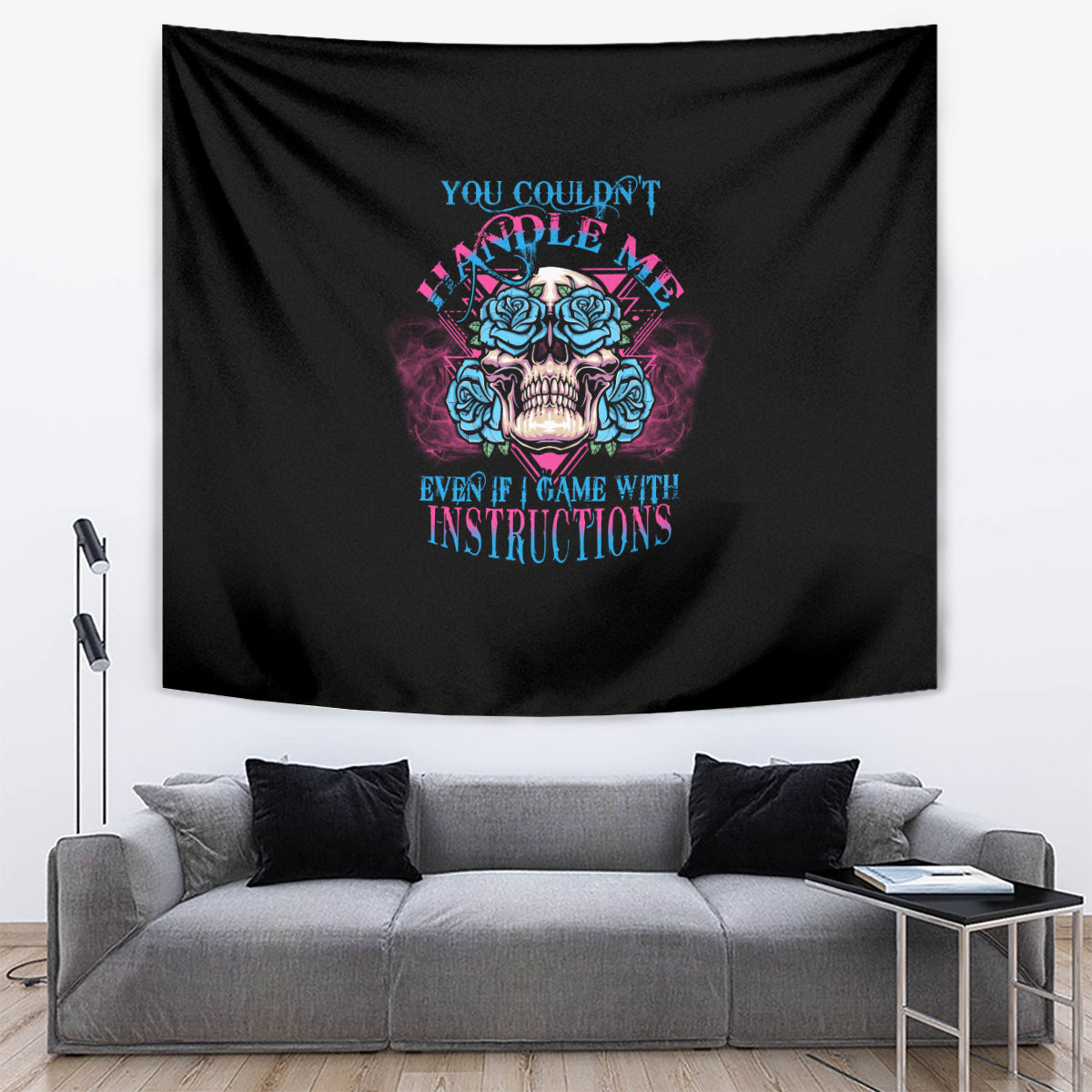 Black triangle skull tapestry with teal-blue roses and colorful instruction text