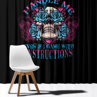 Triangle skull window curtain, black with multicolor blue roses and skull graphic.