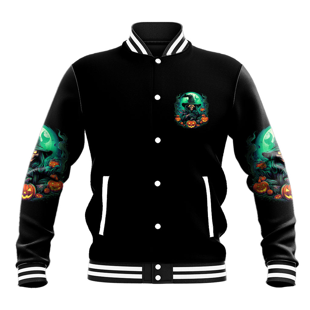 Black varsity baseball jacket with button front, striped cuffs, sleeve witch pumpkin print