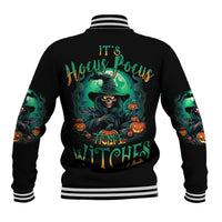 Black baseball jacket with ribbed striped collar; back witch graphic with spell text
