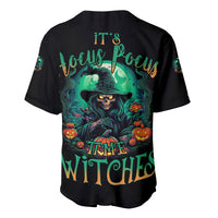 Black baseball jersey with green multicolor witch graphic and Halloween text on back