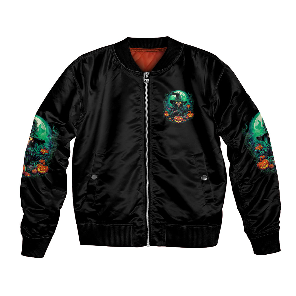 Black unisex bomber jacket, front zip with teal witch chest patch and sleeve graphics