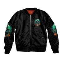 Black unisex bomber jacket, front zip with teal witch chest patch and sleeve graphics