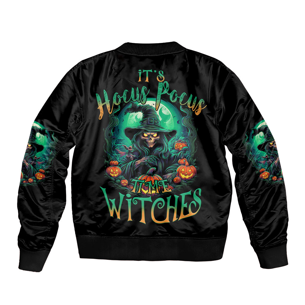 Black unisex bomber jacket, back witch graphic with Hocus Pocus text
