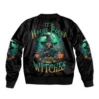 Black unisex bomber jacket, back witch graphic with Hocus Pocus text