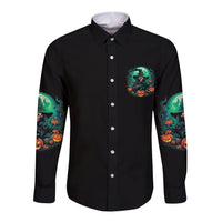 Long-sleeve button shirt, black with front chest witch graphic and teal sleeve prints