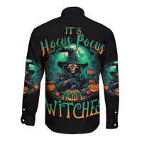 Long-sleeve button shirt, black with large back witch graphic and pumpkin text
