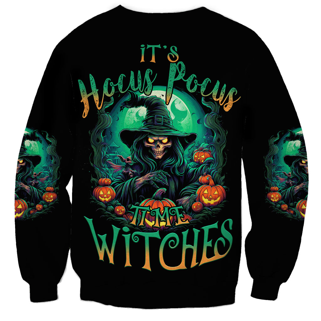 Unisex black Halloween sweatshirt with green witch text graphic and pumpkin details