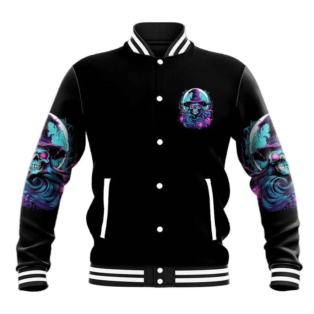 Black baseball jacket with striped collar, button front, and multicolor witch skull sleeves
