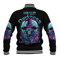 Black baseball jacket with striped ribbed collar and multicolor witch skull back graphic