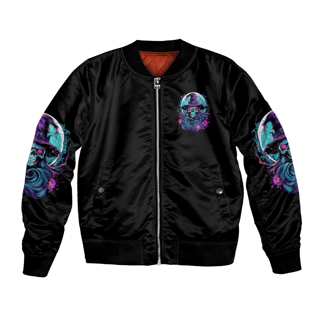 Black unisex bomber jacket with front zipper and neon witch skull chest graphic