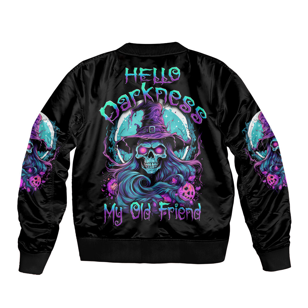 Black unisex bomber jacket with neon witch skull graphic, ribbed collar and cuffs