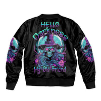 Black unisex bomber jacket with neon witch skull graphic, ribbed collar and cuffs