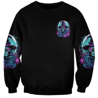 Unisex black Halloween sweatshirt with small multicolor skull chest graphic and sleeve prints