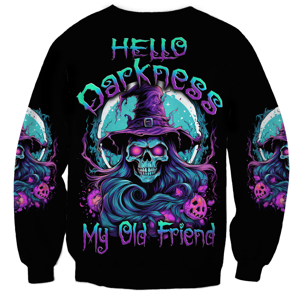 Unisex black Halloween sweatshirt with multicolor witch skull front graphic and text