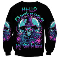 Unisex black Halloween sweatshirt with multicolor witch skull front graphic and text