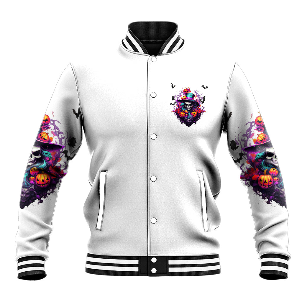 Light gray unisex varsity jacket with full-front button placket, witch skull graphic, striped cuffs