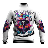 Light gray unisex baseball jacket with colorful Halloween skull witch graphic and striped rib trim