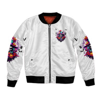 White unisex bomber jacket with front zipper, chest witch skull patch, sleeve graphics