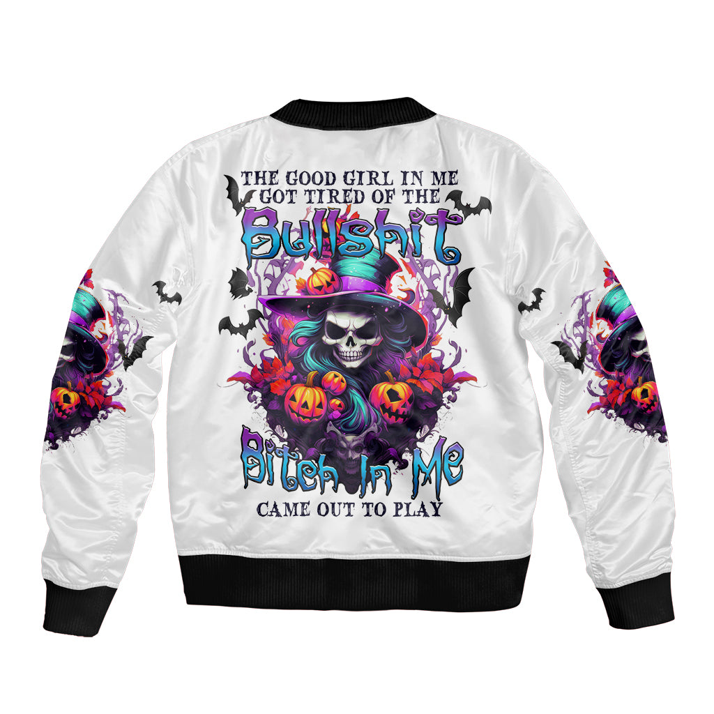 White unisex bomber jacket with multicolor witch skull back graphic and ribbed trim