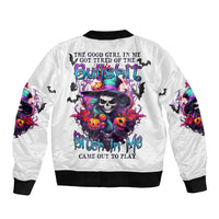 White unisex bomber jacket with multicolor witch skull back graphic and ribbed trim