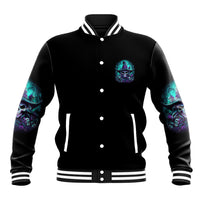 Black Halloween baseball jacket with teal skull witch chest patch, multicolor sleeve graphics