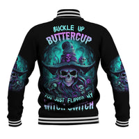 Black Halloween baseball jacket with teal skull witch back graphic and striped ribbed cuffs