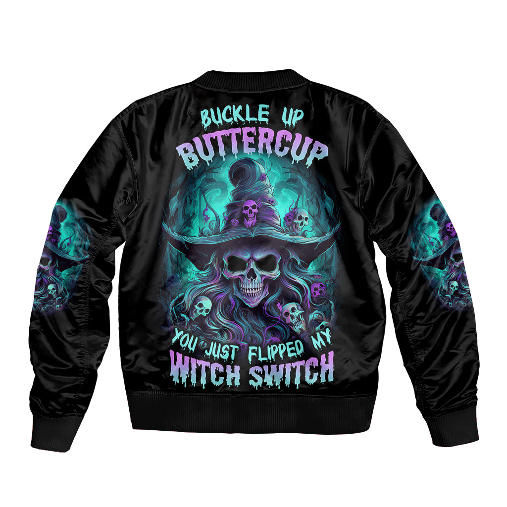Black bomber jacket with colorful skull witch back graphic, ribbed collar and cuffs