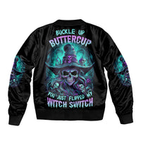 Black bomber jacket with colorful skull witch back graphic, ribbed collar and cuffs