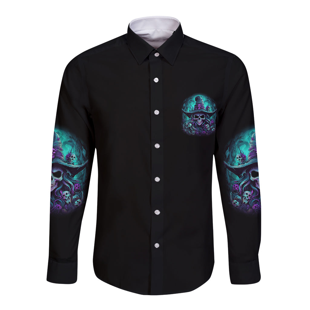 Black long-sleeve button shirt with teal skull witch chest logo and sleeve graphics