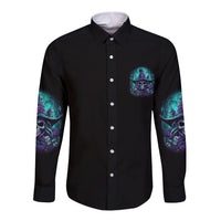 Black long-sleeve button shirt with teal skull witch chest logo and sleeve graphics