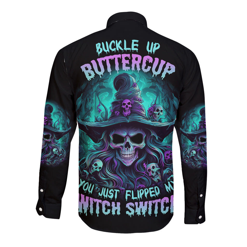 Black long-sleeve button shirt with colorful skull witch graphic on back