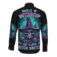 Black long-sleeve button shirt with colorful skull witch graphic on back
