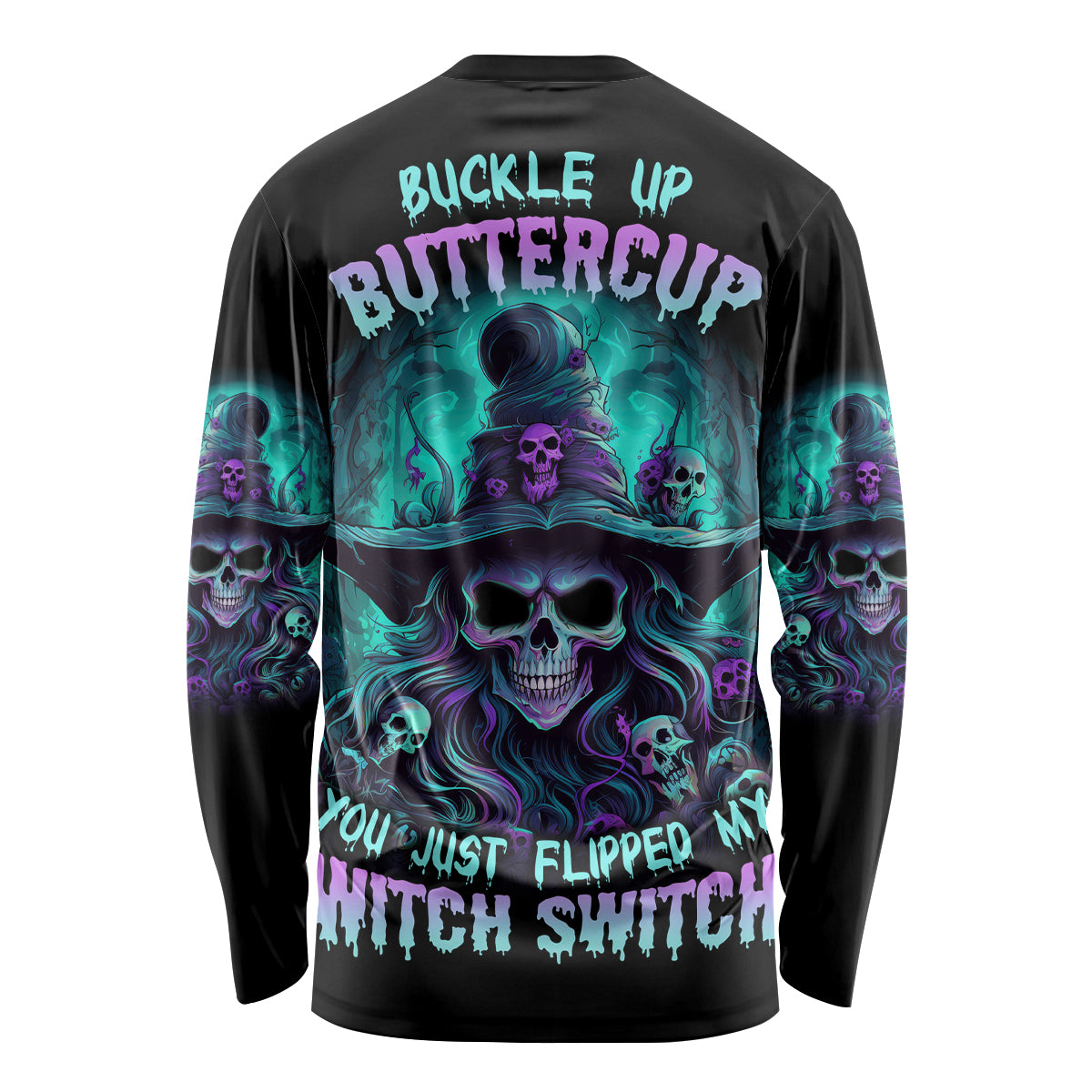 Black long-sleeve Halloween T-shirt with multicolor skull witch back graphic and text