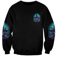 Unisex black Halloween sweatshirt with small skull graphic chest and teal sleeve art