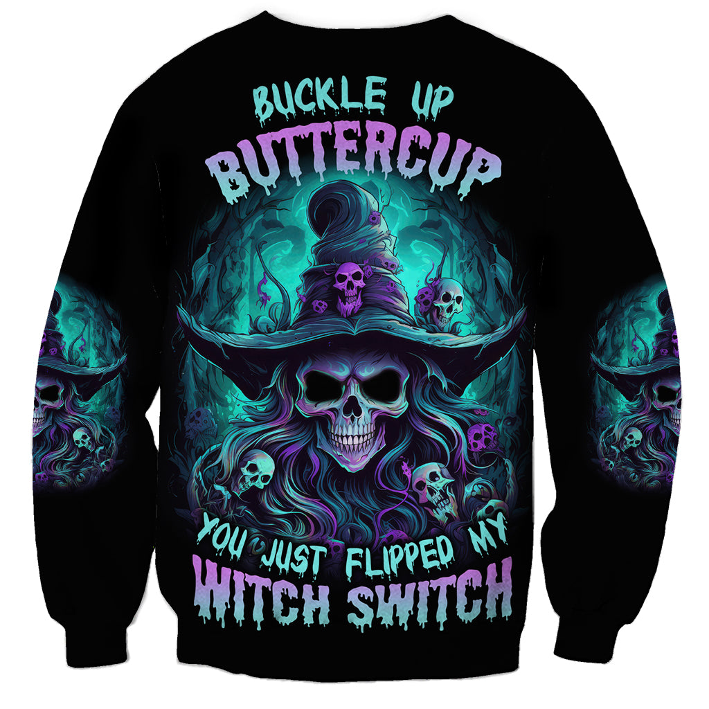 Unisex black Halloween sweatshirt with large skull witch graphic and teal text