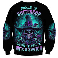 Unisex black Halloween sweatshirt with large skull witch graphic and teal text