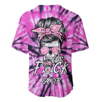 Pink tie-dye baseball jersey with skull, sunglasses, bow and cancer graphic