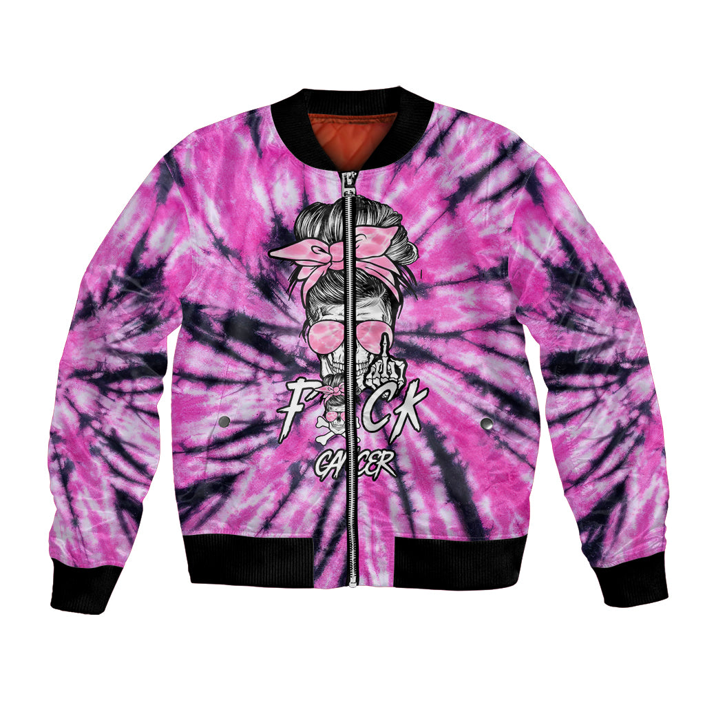 Zip-up tie-dye bomber jacket with pink and purple spiral and skull flower print