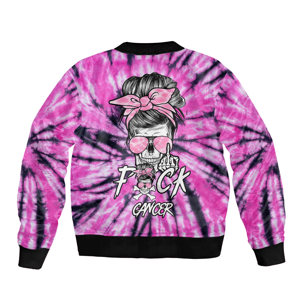 Tie-dye bomber jacket in pink and purple with black ribbed hem and skull graphic